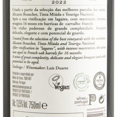 Rótulo de vinho tinto Herdade dos Grous Reserva 2022 com informações detalhadas de produção, volume e teor alcoólico.