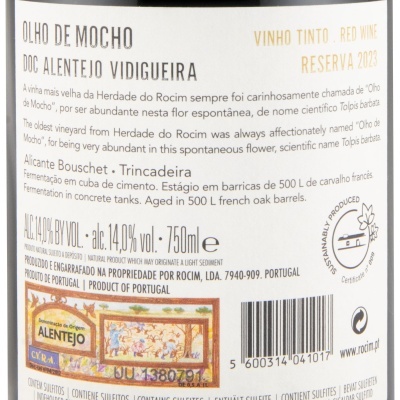 Etiqueta de vinho tinto Olho de Mocho DOC Alentejo Reserva 2023