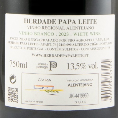 Etiqueta de vinho branco Herdade Papa Leite 2023 de 750ml e 13,5% vol