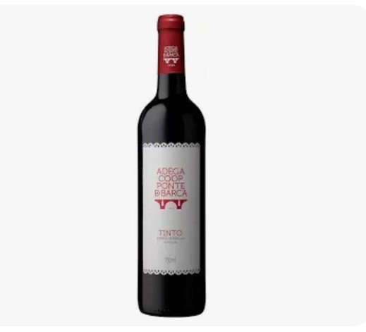 Garrafa de vinho tinto Adega Coop Ponte de Barca com rótulo branco e texto vermelho