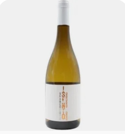 Garrafa de vinho âmbar com etiqueta branca com texto laranja e cinza