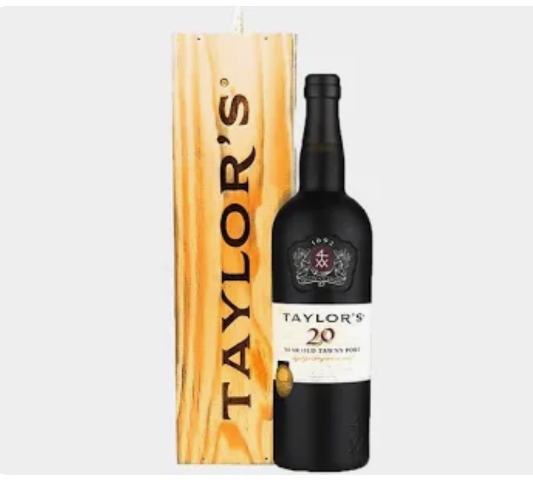 Garrafa de vinho do Porto Taylor's 20 anos com caixa de madeira