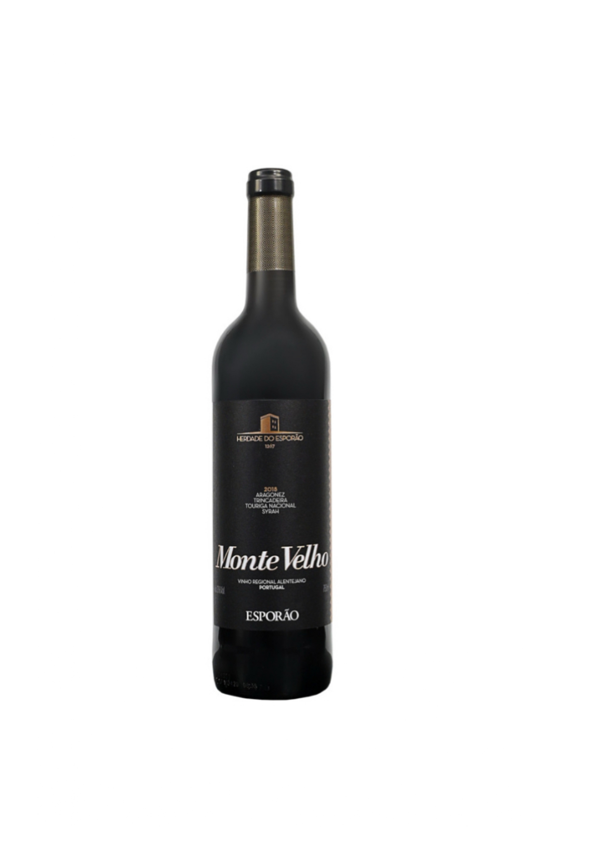 Garrafa de vinho tinto Monte Velho Esporão com rótulo preto e texto branco