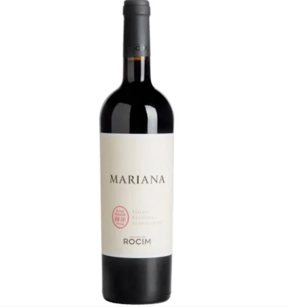 Garrafa de vinho tinto Mariana com rótulo branco e texto Preto e vermelho
