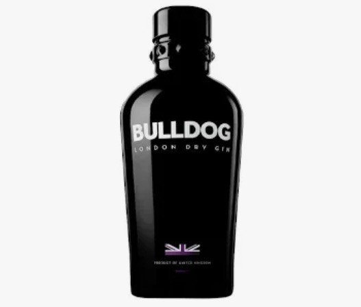 Garrafa preta de gin Bulldog com texto e bandeira do Reino Unido