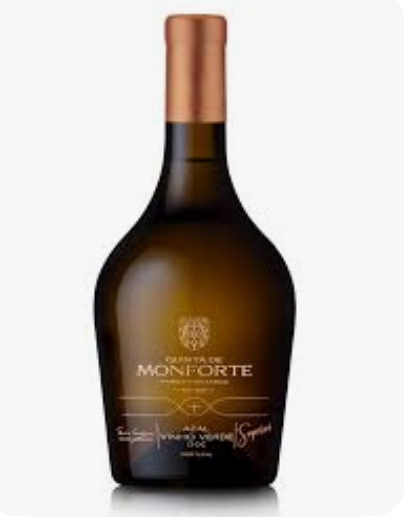 Garrafa de vidro castanho com rótulo dourado do vinho PINO DE MONFORTE e tampa metálica