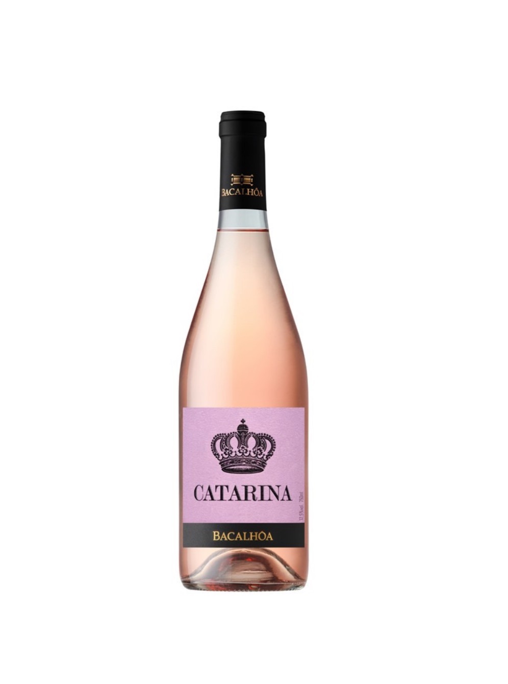 Garrafa de vinho rosé Bacalhôa com rótulo rosa e tampa preta