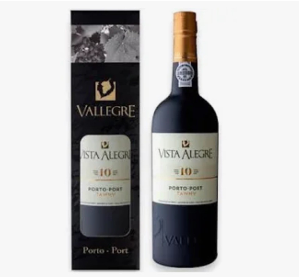 Garrafa de vinho do Porto Vista Alegre 10 anos e embalagem preta com texto