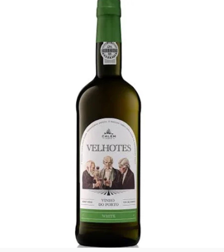 Garrafa de Vinho do Porto branco Velhotes com rótulo branco e verde