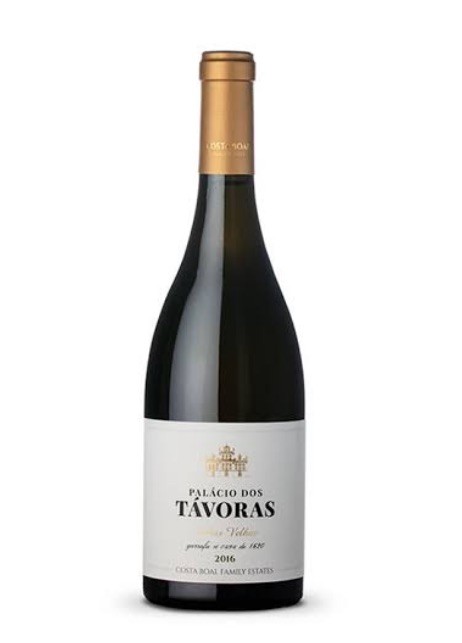 Garrafa de vinho tinto Palácio dos Távoras com rótulo branco e tampa dourada