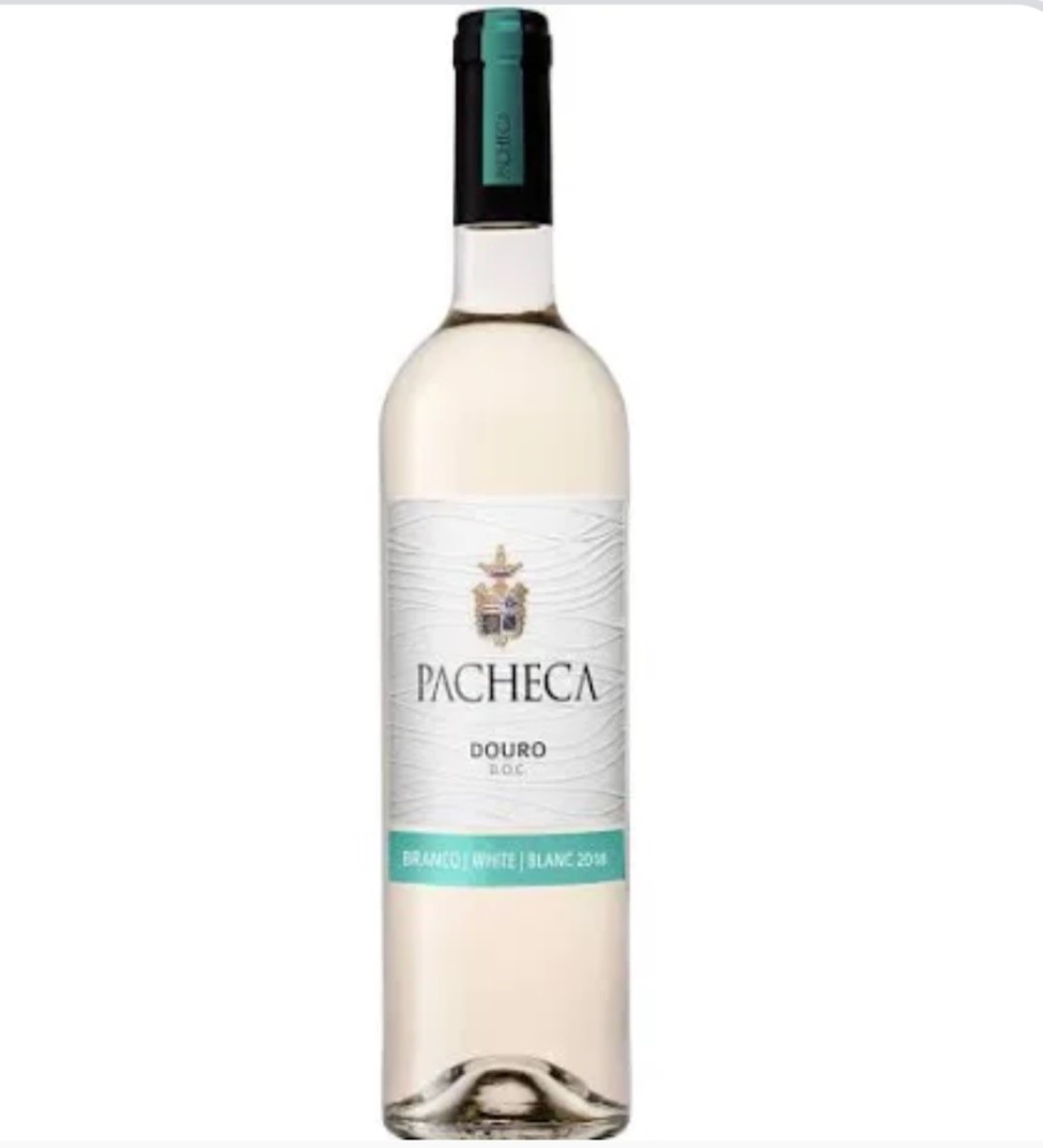 Garrafa de vinho branco Pacheca Douro com rótulo branco e azul