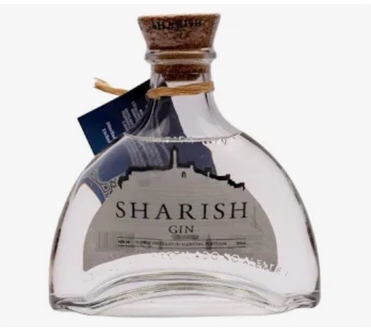 Garrafa de gin Sharish transparente com rolha de cortiça e etiqueta cinza