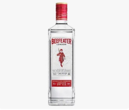 Garrafa de gin Beefeater London com rótulo branco e vermelho