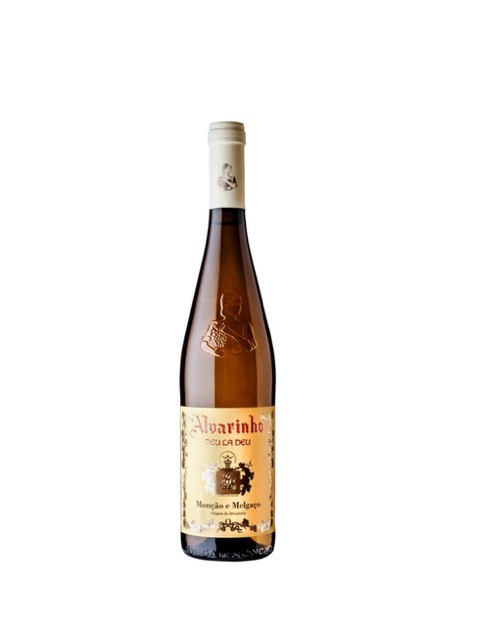 Garrafa de vinho branco Alvarinho Mouraz Deus com rótulo amarelo e selo no vidro