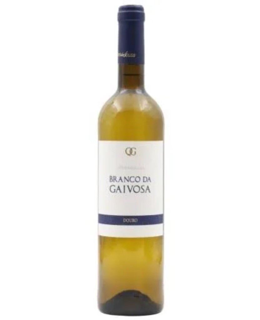 Garrafa de vinho branco Branco da Gaivosa com rótulo branco e azul escuro