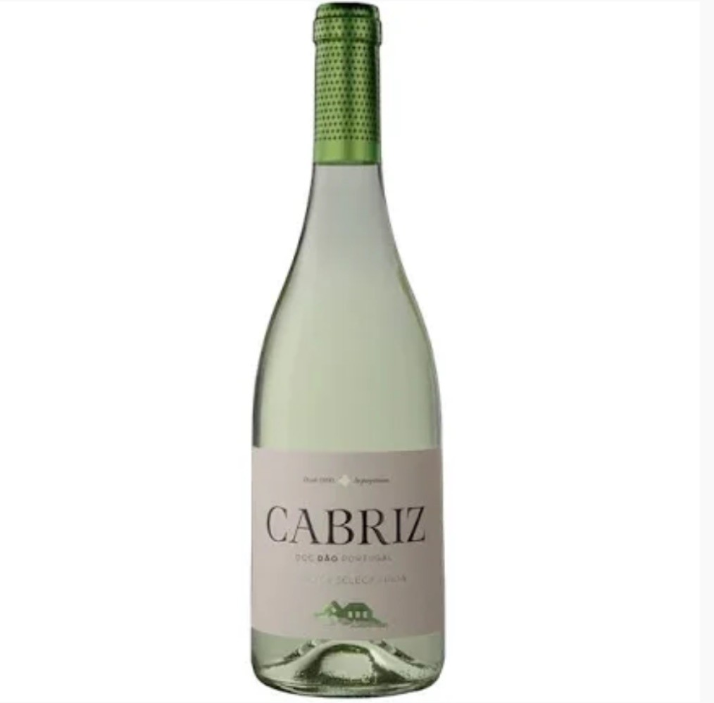 Garrafa de vinho branco CABRIZ com rótulo branco e tampa verde
