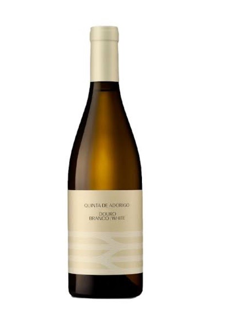 Garrafa de vinho branco Quinta de Adorigo com rótulo creme