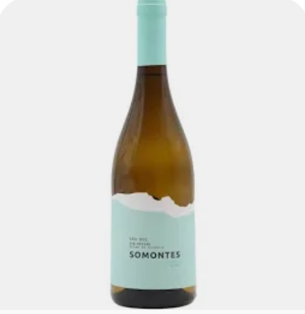 Garrafa de vinho branco com rótulo azul-piscina e tampa azul-piscina