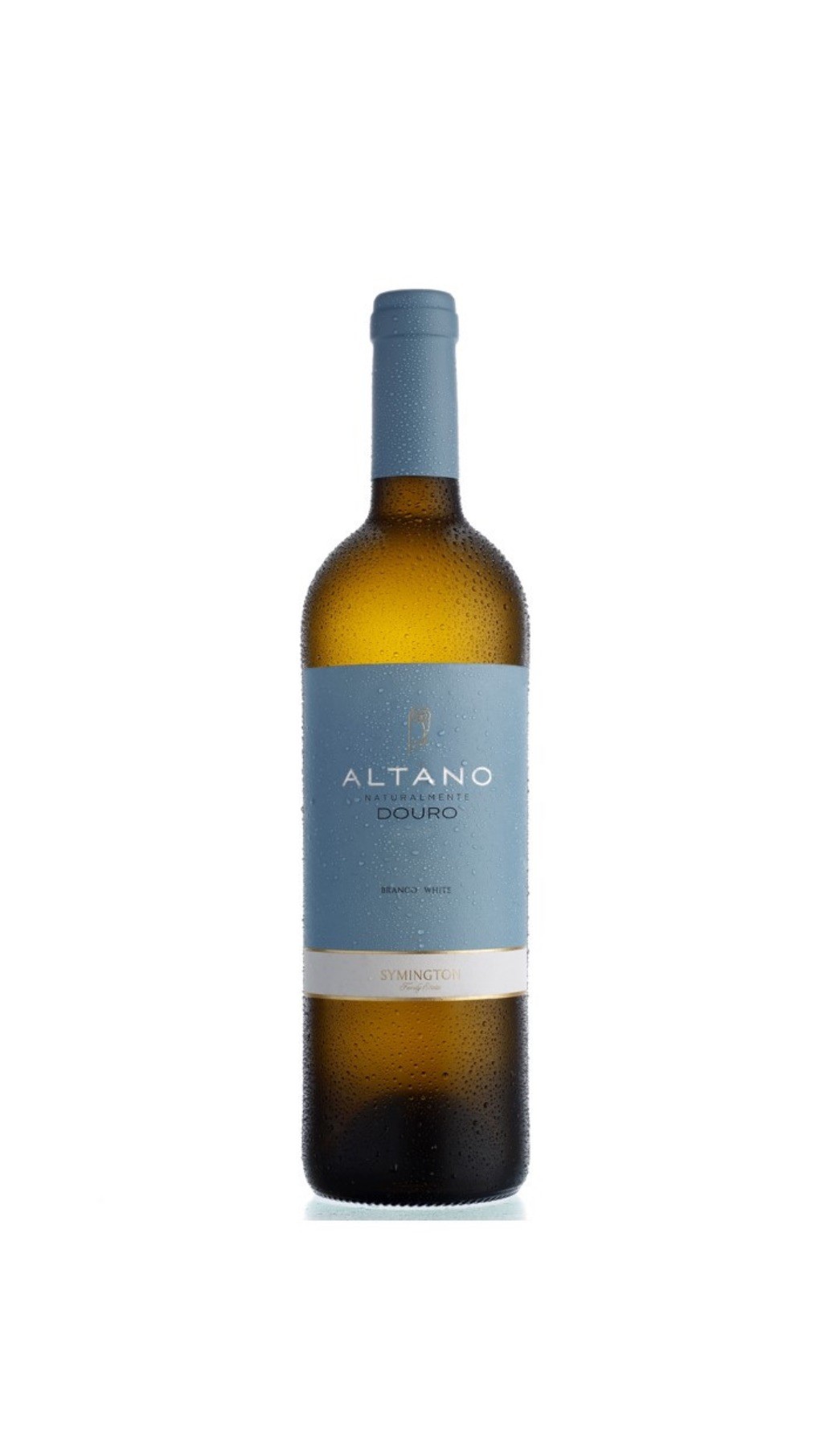 Garrafa de vinho branco Altano Douro com rótulo azul claro
