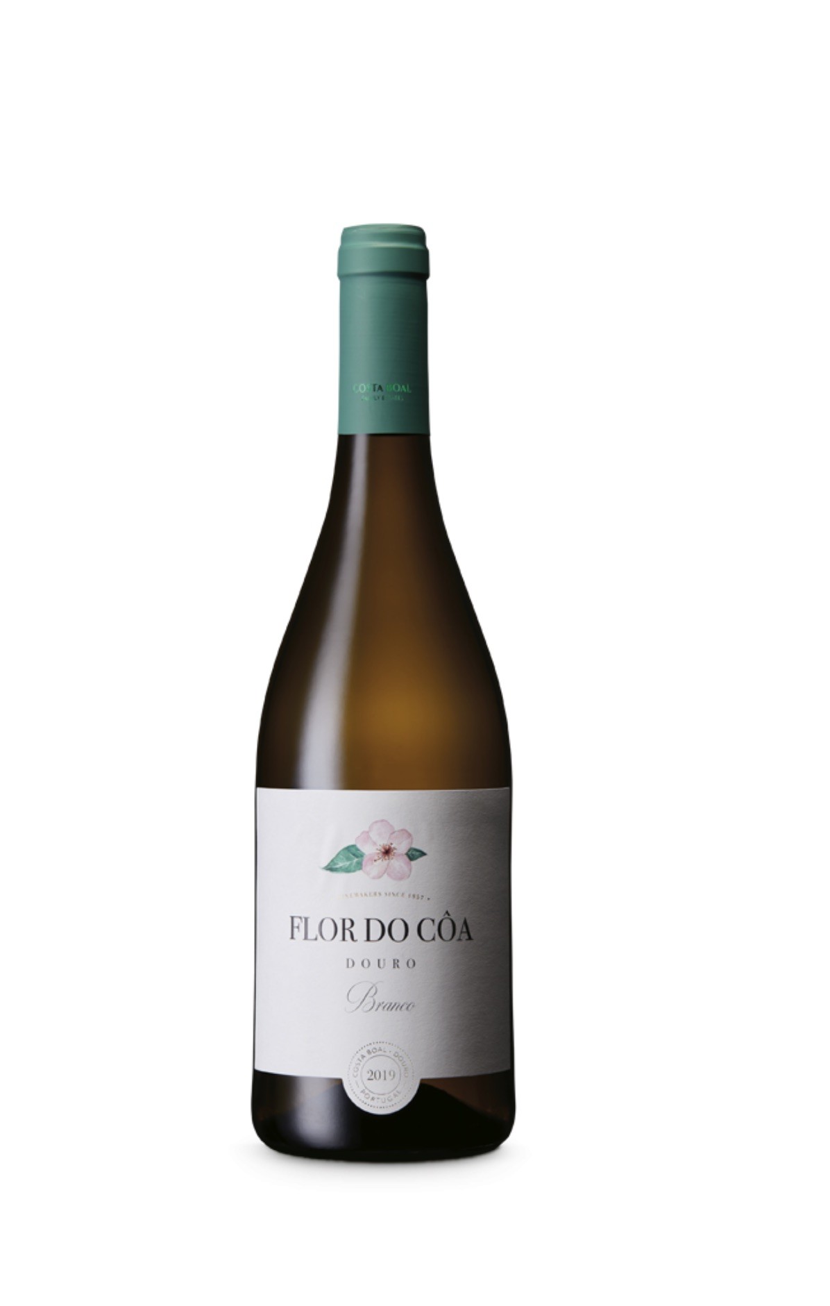 Garrafa de vinho branco Flor do Côa com rótulo e rolha verde