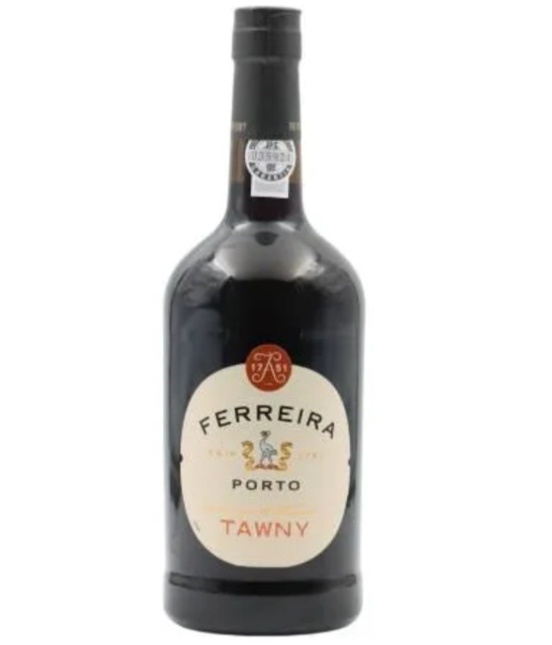 Garrafa de vinho do Porto Ferreira tawny com rótulo redondo claro
