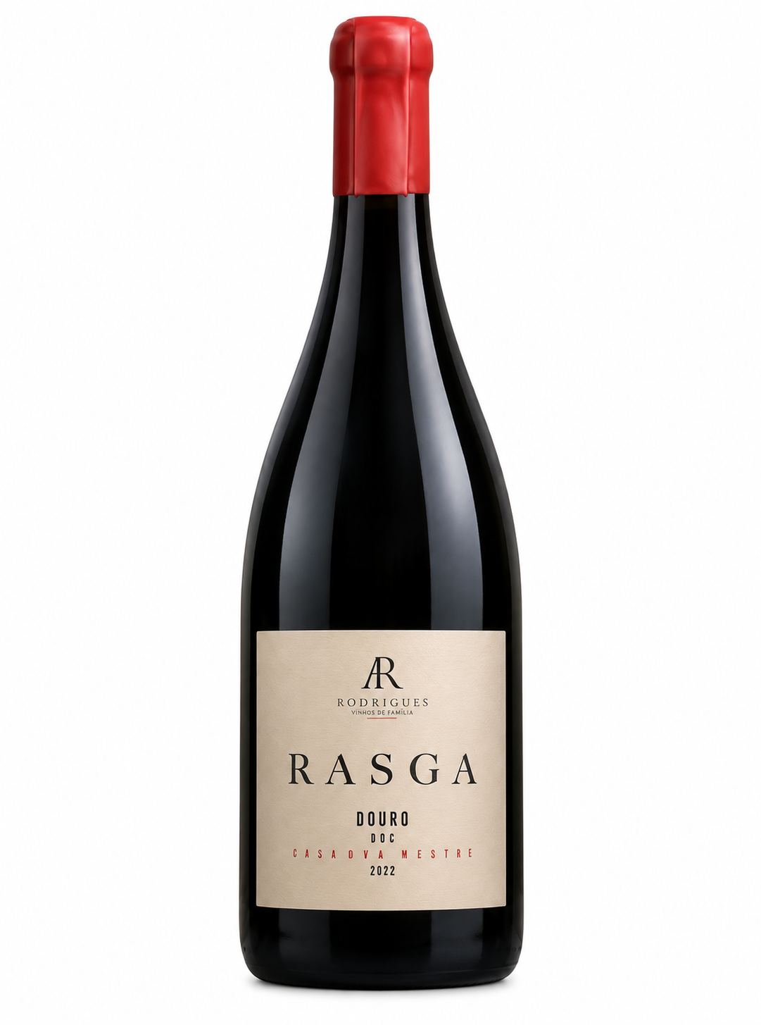 Garrafa de vinho tinto Rasga Douro 2022 com rótulo creme e cápsula vermelha