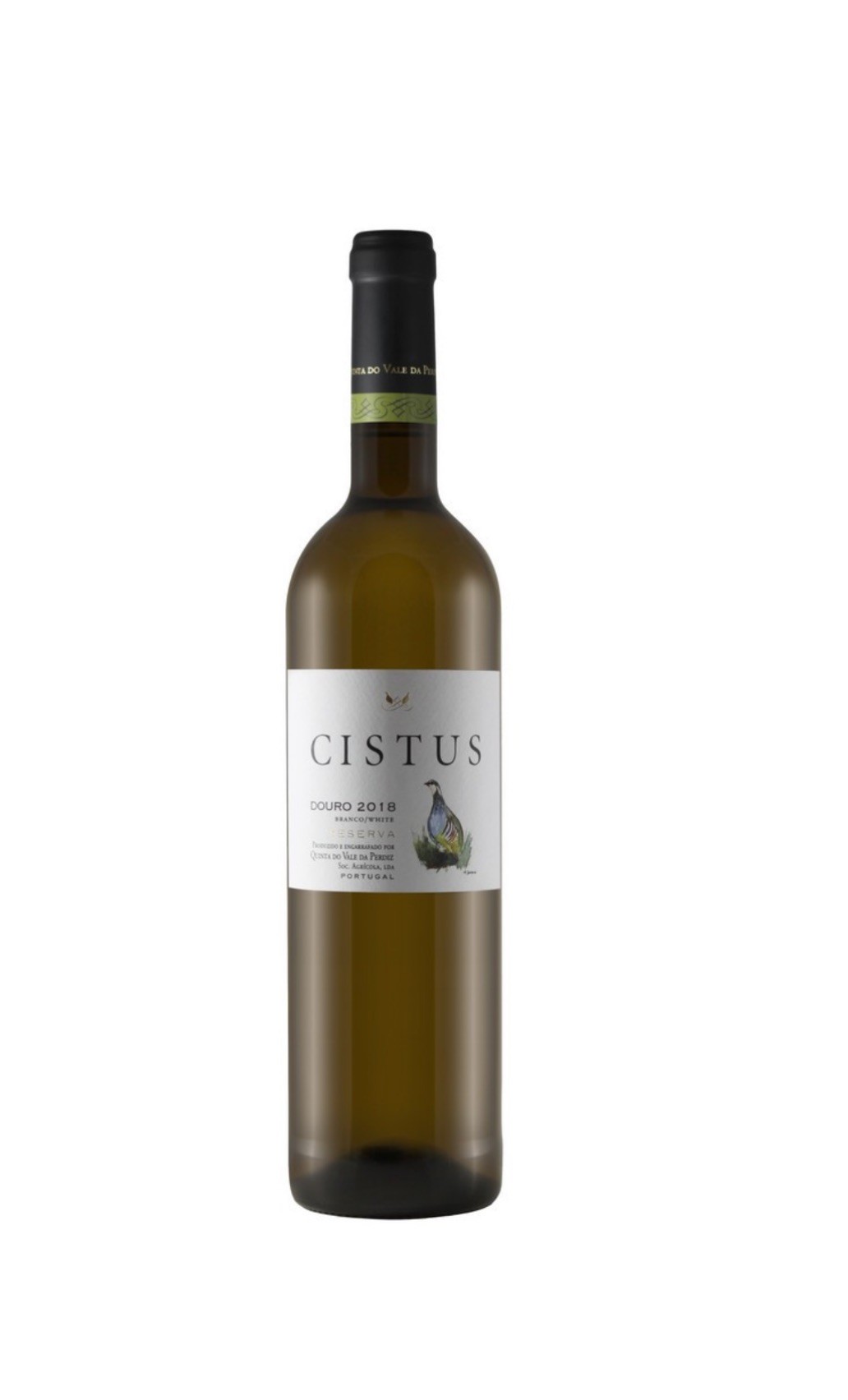 Garrafa de vinho branco Cistus Douro 2018 com rótulo branco e imagem de pássaro