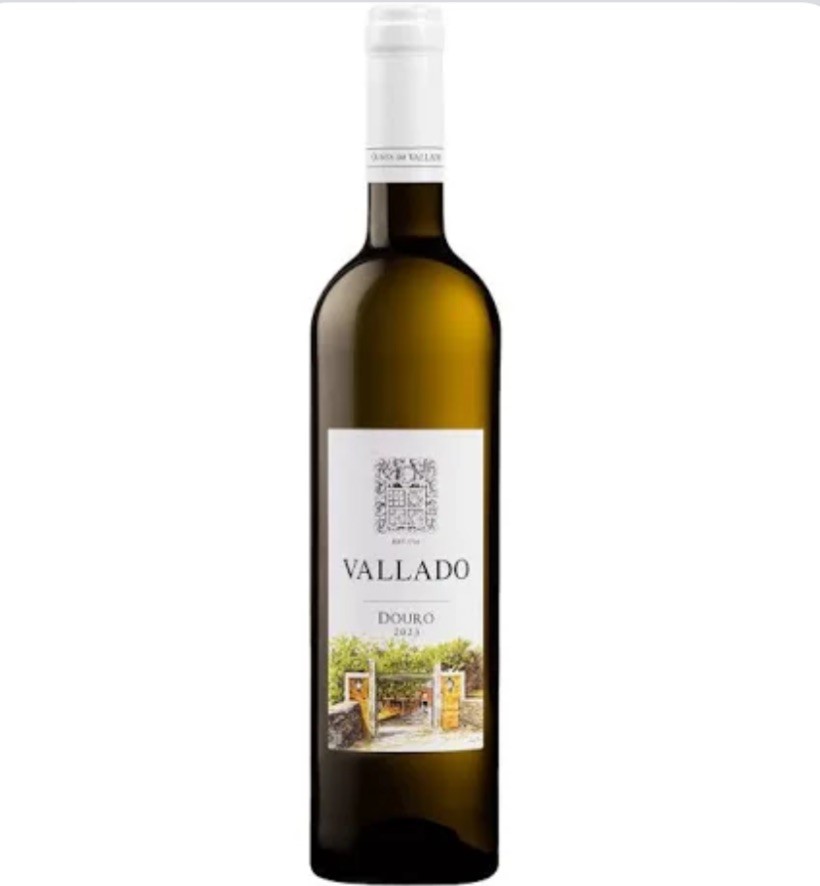 Garrafa de vinho branco Vallado Douro 2021 com rótulo ilustrado e rolha branca