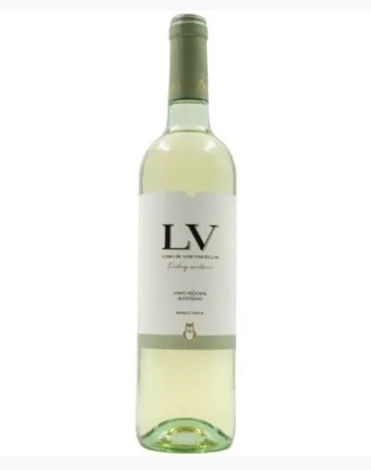Garrafa de vinho branco com rótulo branco e verde com texto e imagem de coruja