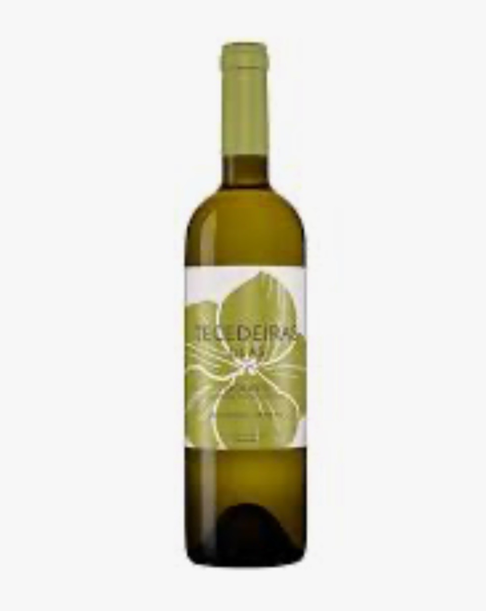 Garrafa de vinho branco com rótulo branco e verde com texto TELLEIRA e desenho floral