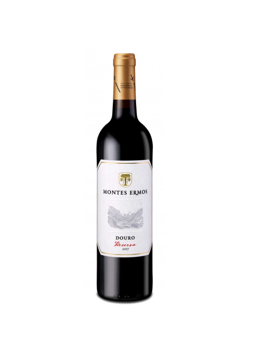 Garrafa de vinho tinto Montes Ermos Douro Reserva 2017 com rótulo branco e tampa dourada
