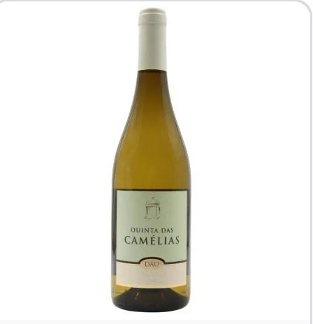 garrafa de vinho branco Quinta das Camélias com rótulo verde e branco