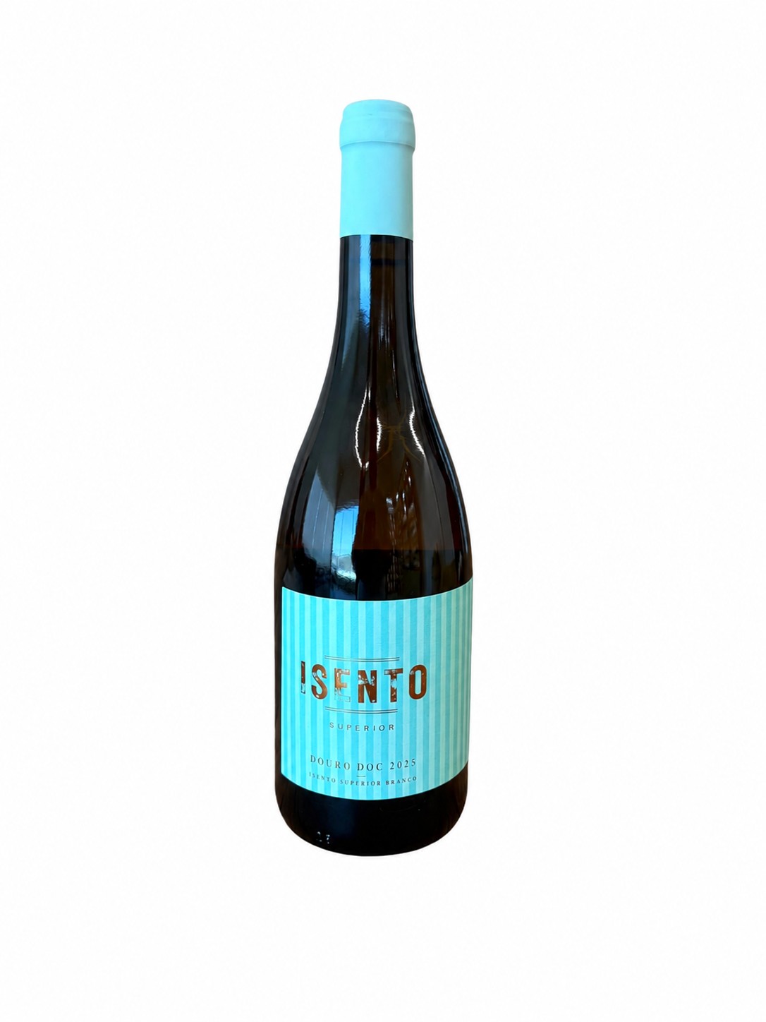 Garrafa de vinho branco com rótulo azul claro com texto e tampa azul claro