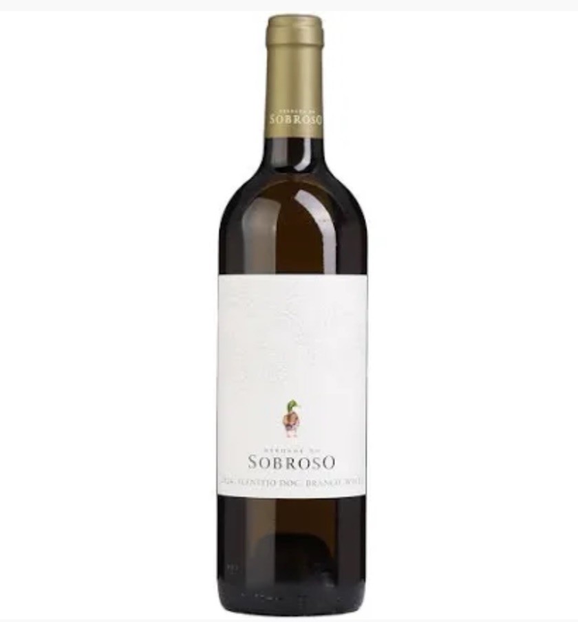 Garrafa de vinho branco Sobroso com rótulo branco e rolha dourada