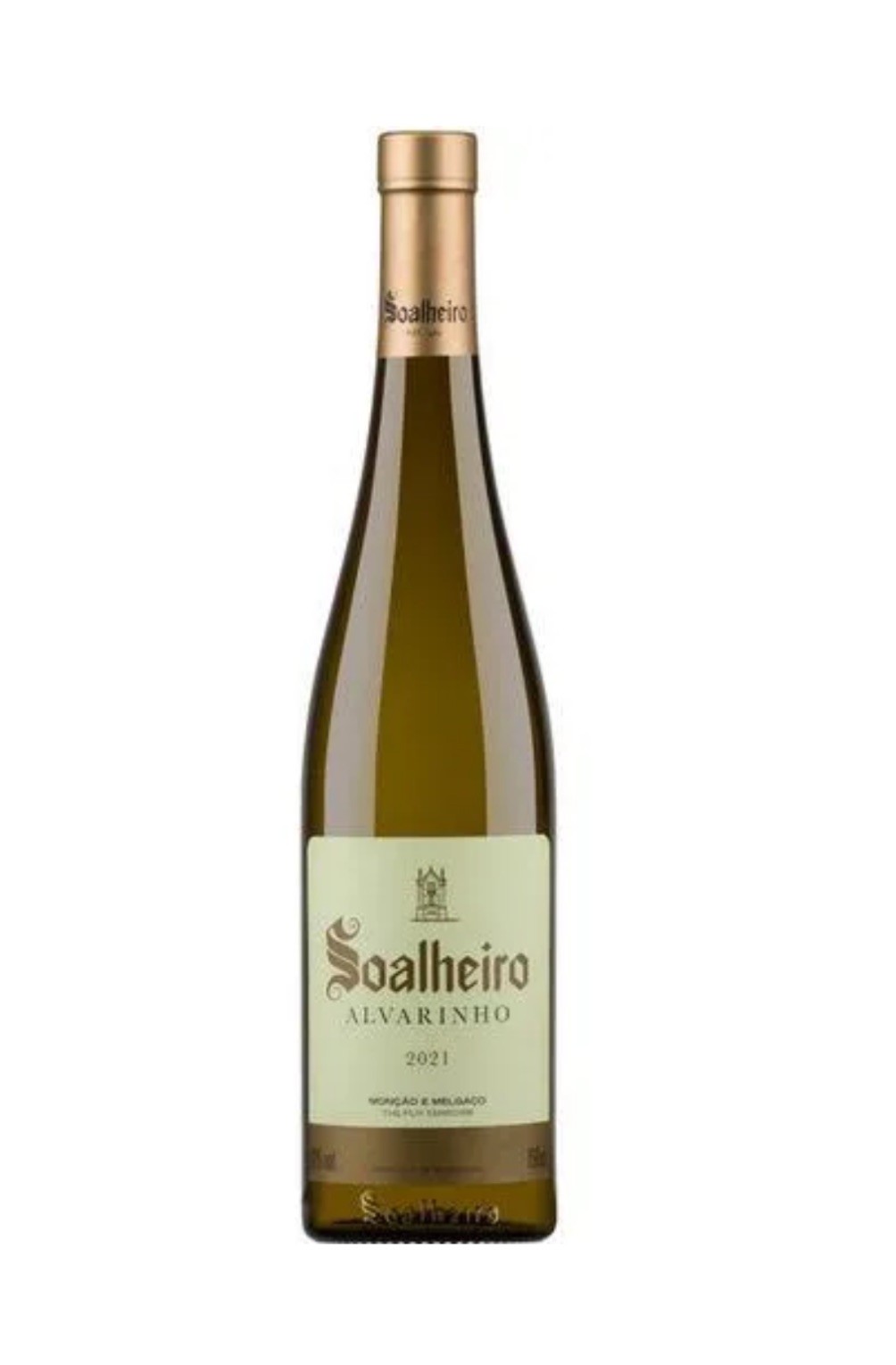 Garrafa de vinho branco Soalheiro Alvarinho 2021 com rótulo e tampa dourada
