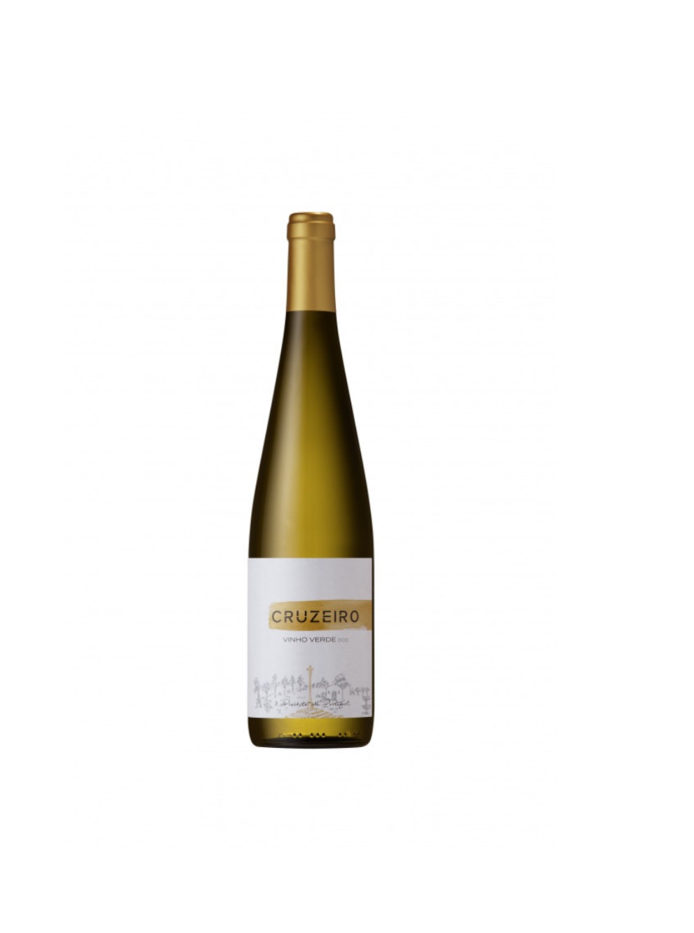 Garrafa de vinho verde Cruzeiro com rótulo branco e dourado