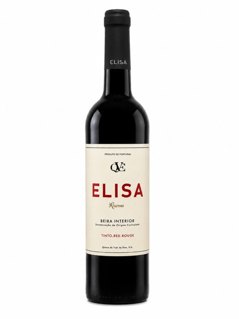 Garrafa de vinho tinto Elisa Reserva com rótulo branco e texto em várias cores