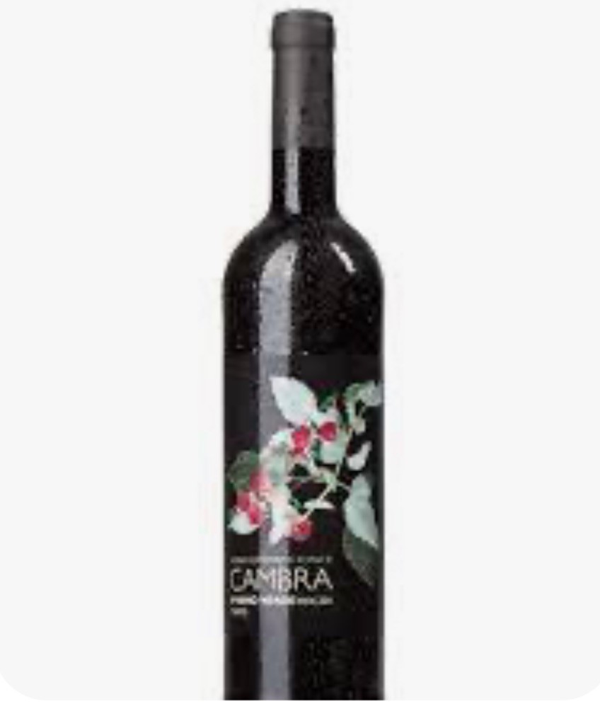 Garrafa de vinho tinto com rótulo preto com ilustração vegetal e texto GAMBRA