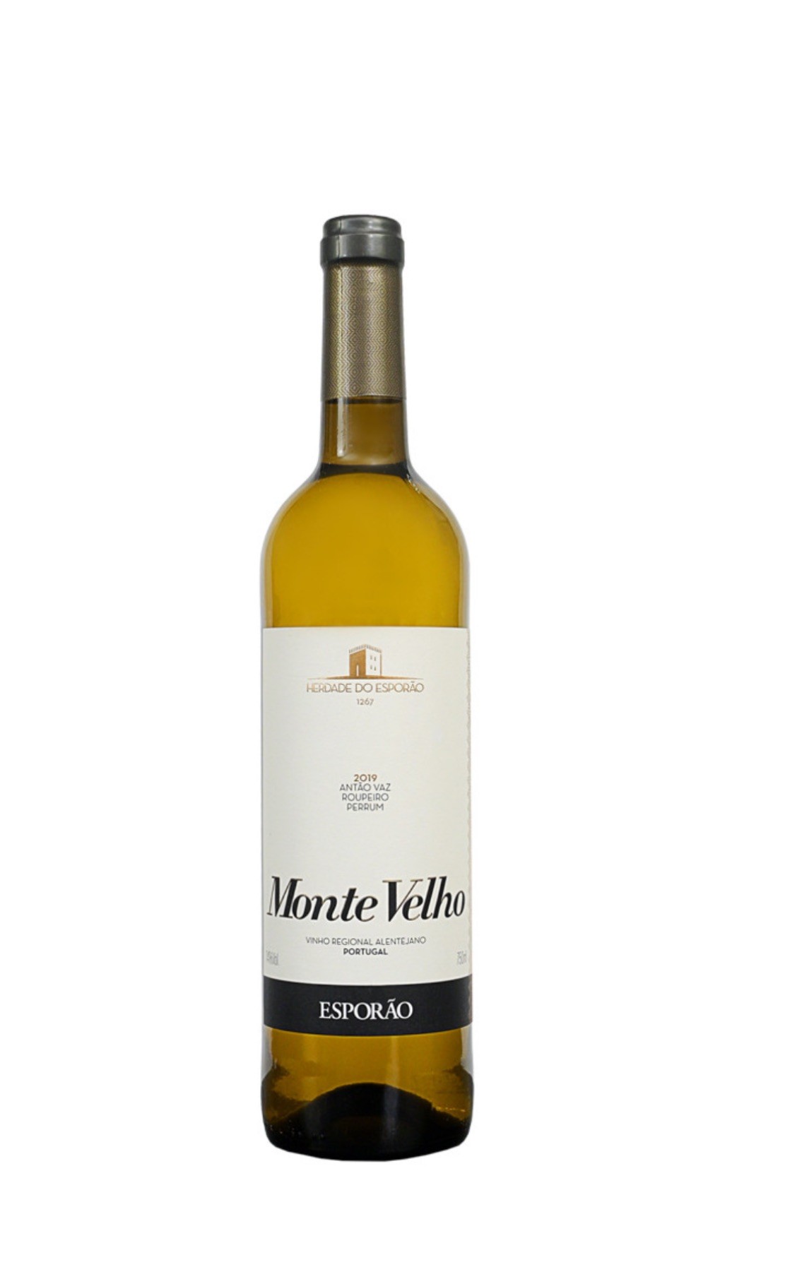Garrafa de vinho branco Monte Velho Esporão com rótulo branco e preto