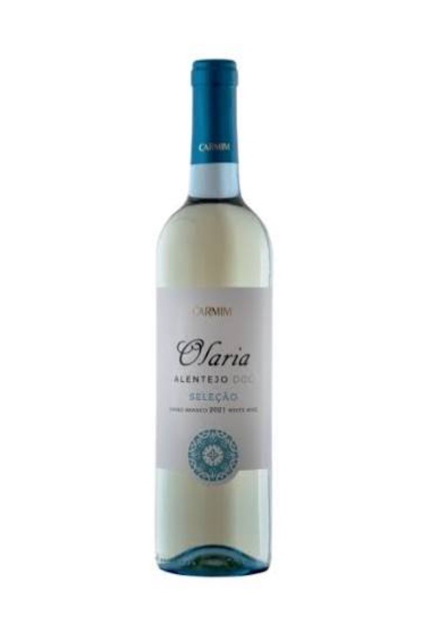 Garrafa de vinho branco Saria Alentejo com rótulo branco e azul