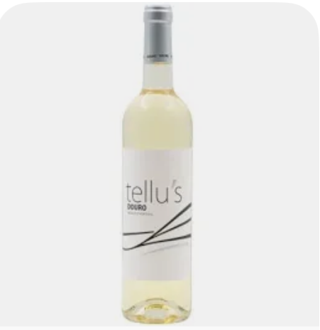 Garrafa de vinho branco com rótulo branco e tampa prateada