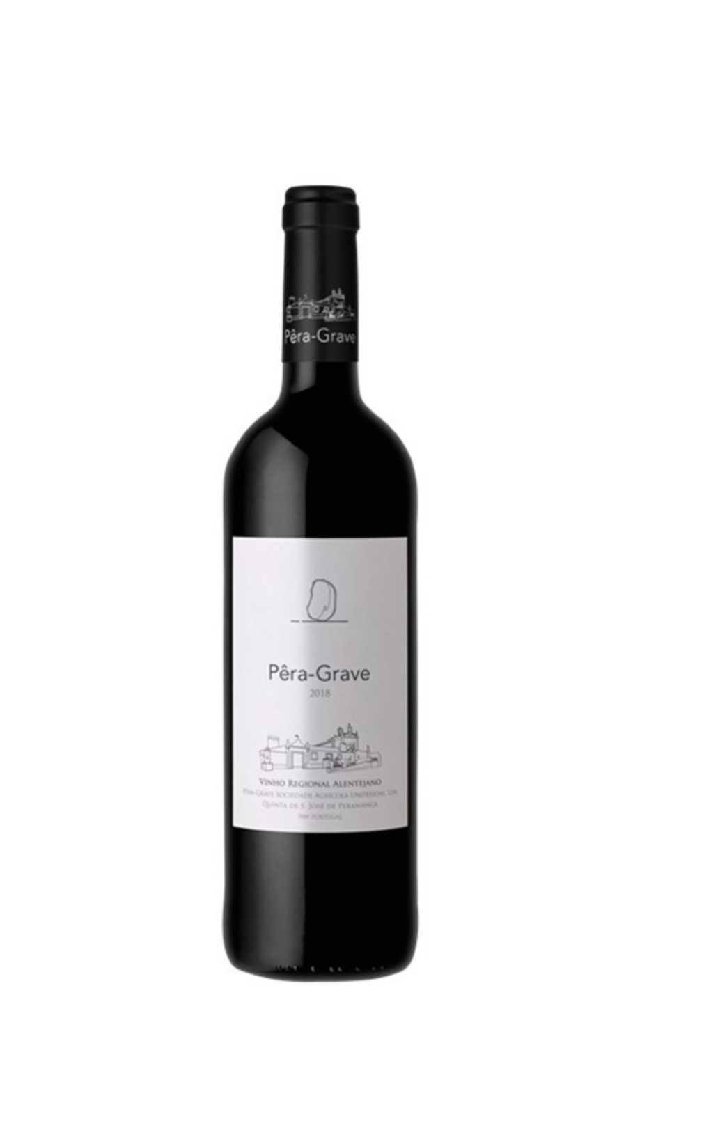 Garrafa de vinho tinto Pêra-Grave 2018 com rótulo branco