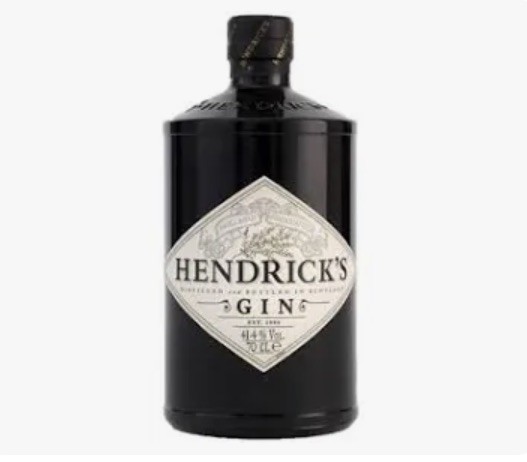 Garrafa preta de gin Hendricks com rótulo branco