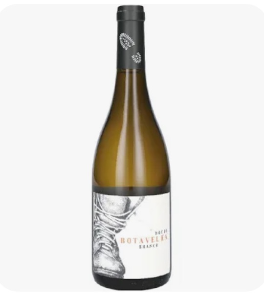 Garrafa de vinho branco Botavelha Branco com rótulo de bota e tampa preta