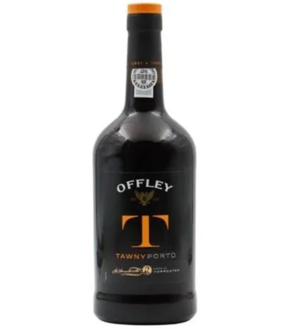 Garrafa de vinho do Porto preto de vidro com rótulo preto e texto laranja