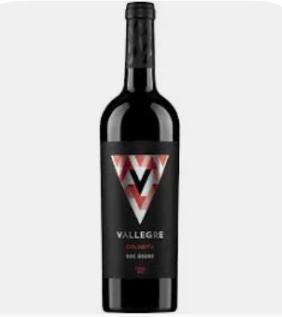 Garrafa de vinho tinto Vallegre com rótulo preto e triângulo geométrico