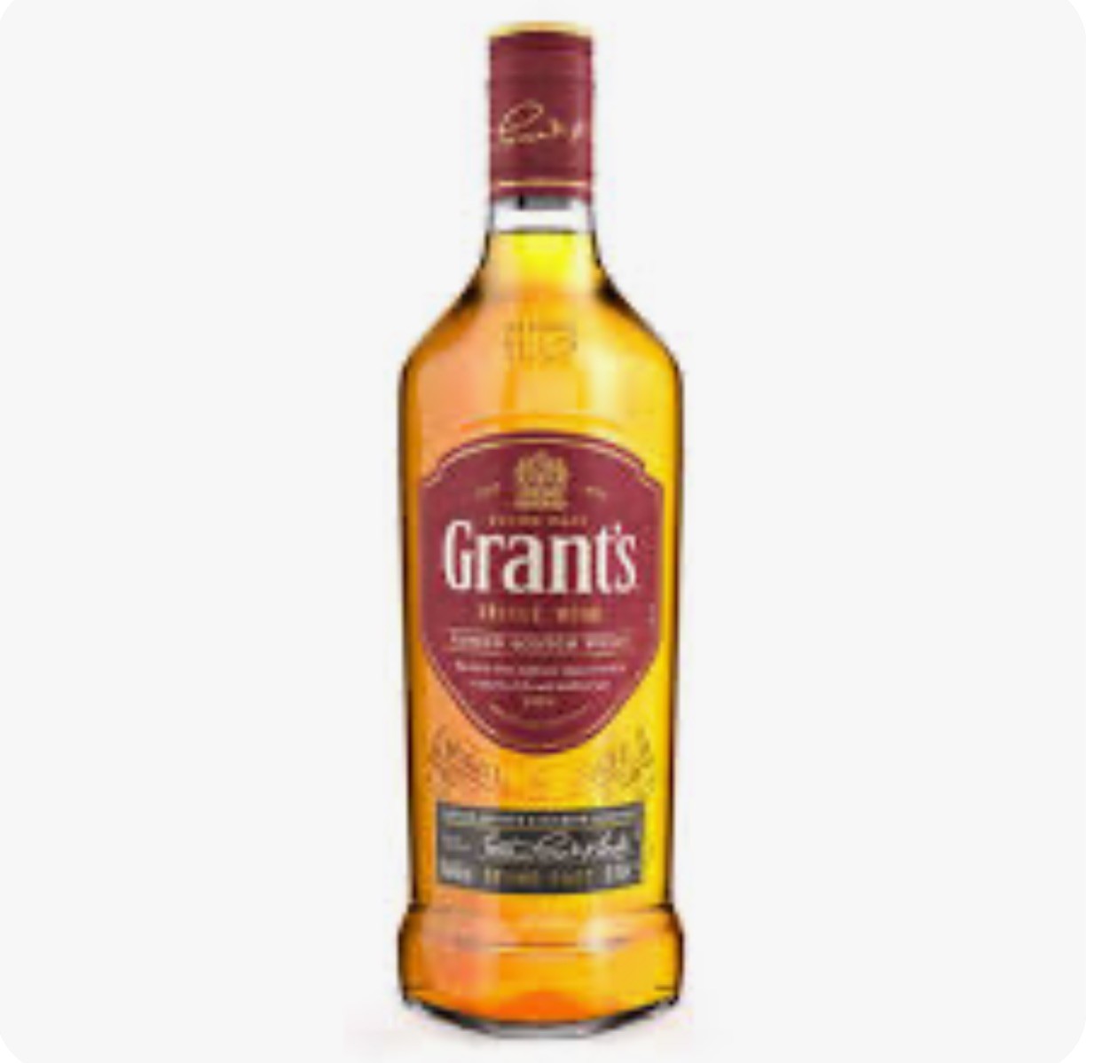 Garrafão de whisky Grant's com rótulo vermelho e dourado sobre fundo branco