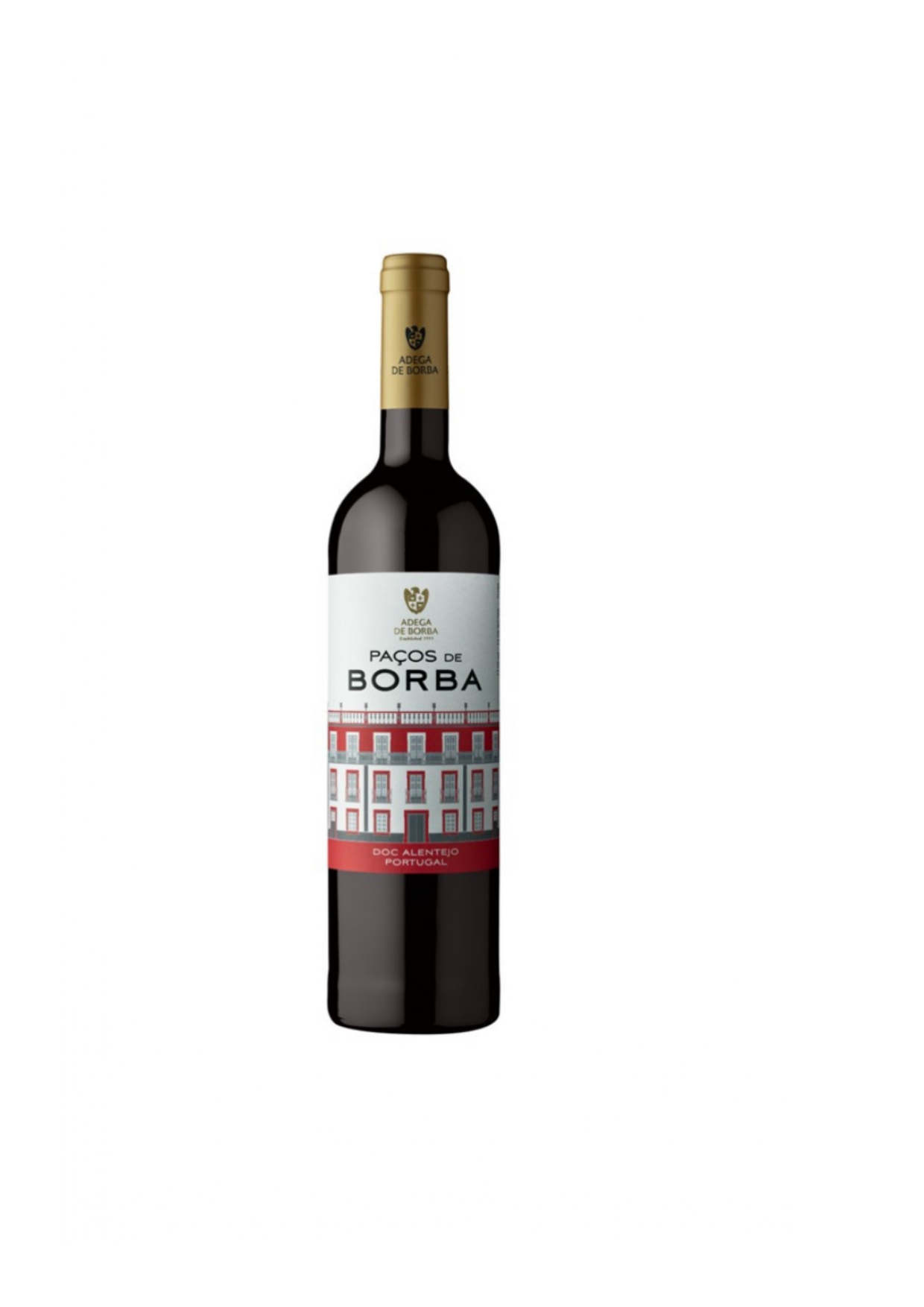 Garrafa de vinho tinto Paços de Borba com rótulo branco e vermelho