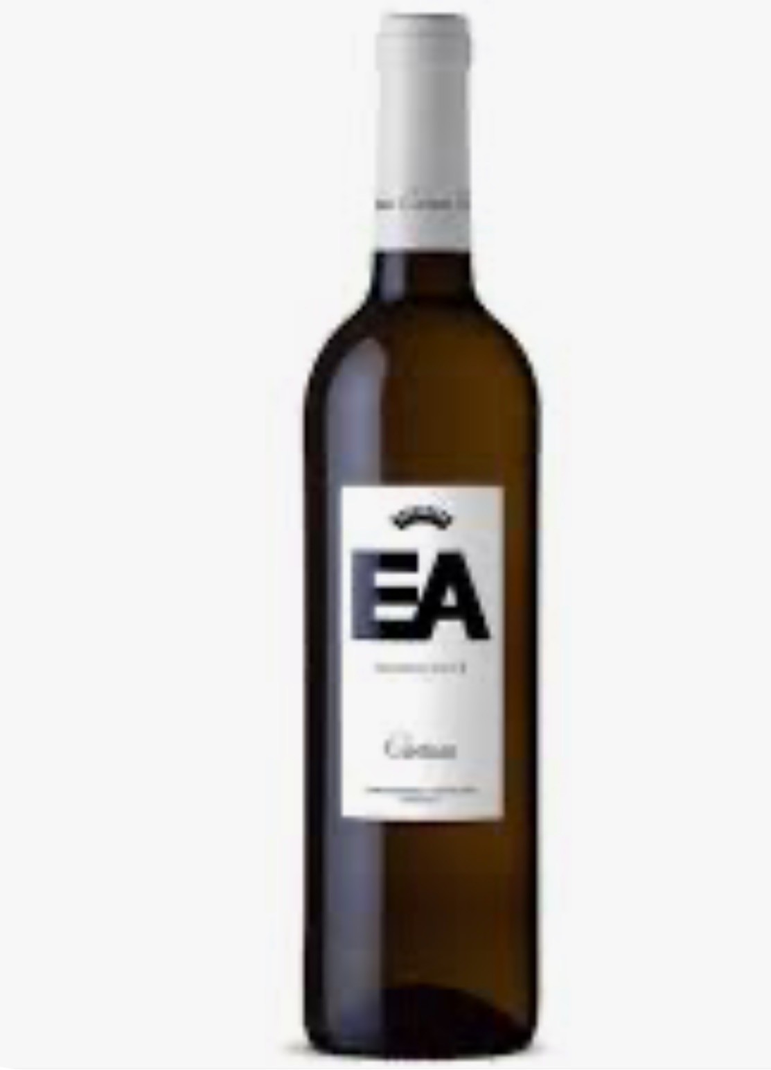 Garrafa de vinho branco com rótulo EA e cápsula branca