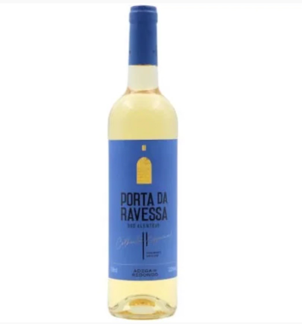 Garrafa de vinho branco com rótulo azul e tampa azul